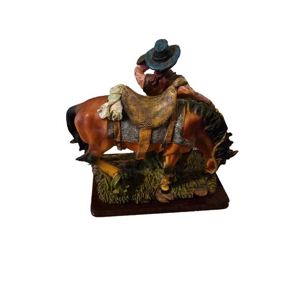 IAC Premier Edition Horse And Cowboy Resin Statue on Wood Base - Picture 4 of 6